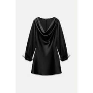 Zara Womens Mini Dress XL Black Cowl Neck Satin Feather Cuffs 9675/748 NWT